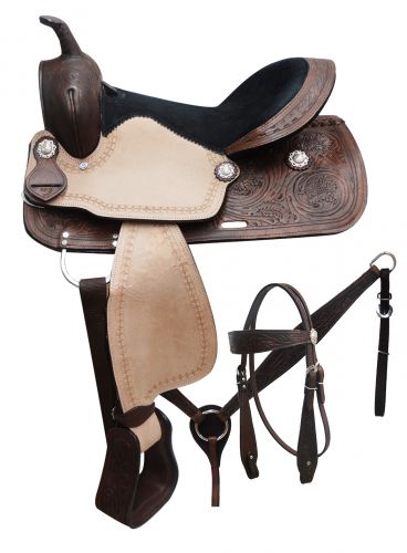16" Economy Style Saddle Set With Floral Tooling 08316: Barrel Saddle Showman Saddles and Tack   