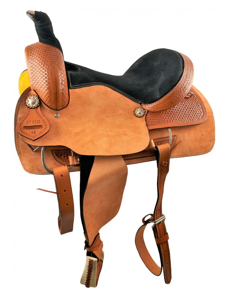 16" Medium Oil Roper Style saddle with rough out fenders &amp; jockeys with basket stamp tooling Roping Saddle Shiloh   