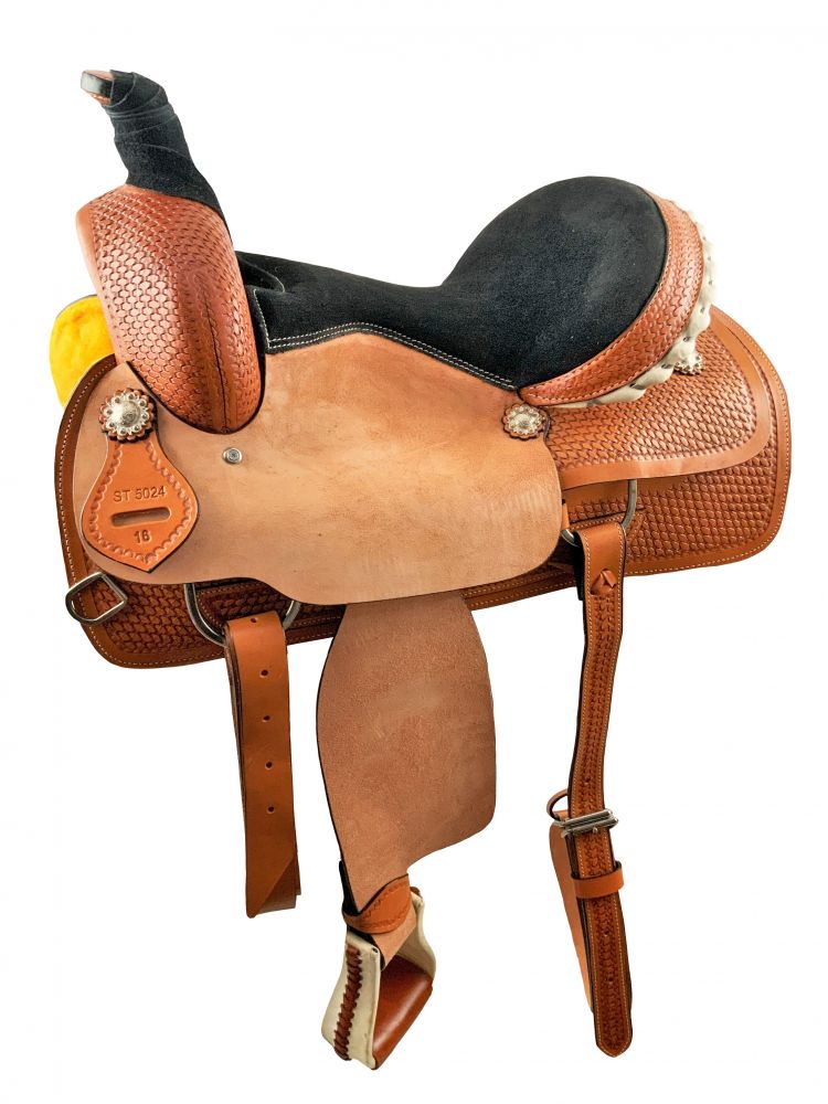 16" Medium Oil Roper Style saddle with rough out fenders &amp; jockeys with basket stamp tooling and black suede seat Roping Saddle Shiloh   