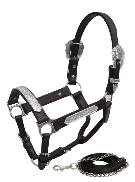 161137: Showman ®  Yearling Size double stitched leather show halter with engraved silver plates Show Halter Showman   