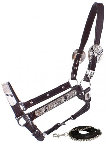 161144H: Showman ®  Horse Size double stitched leather show halter with engraved silver plates acc Show Halter Showman   