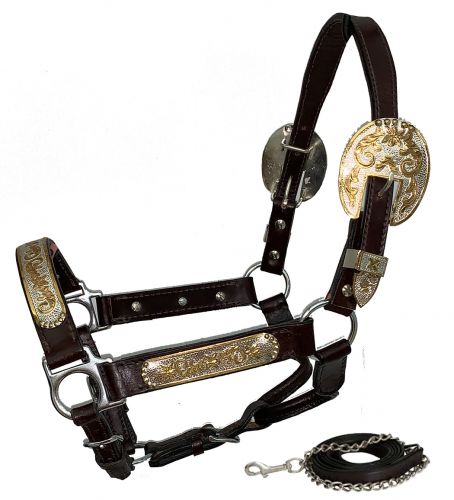 161147Y: Showman ®  Yearling Size double stitched leather show halter with engraved silver plates Show Halter Showman   