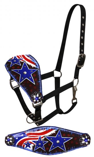 16181: Showman ® FULL SIZE Leather bronc halter with painted American flag design Bronc Halter Showman   