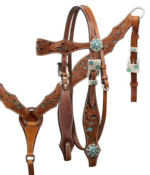 1631: Showman ® Teal snake headstall and breast collar set with crystal rhinestones Headstall & Breast Collar Set Showman   