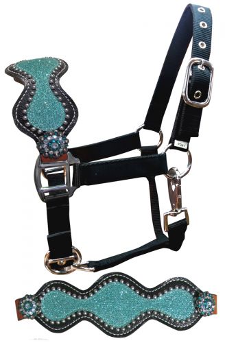 16604P: Showman ® Pony Leather Bronc Halter with Teal Glitter Inlay Pony Halter Showman   