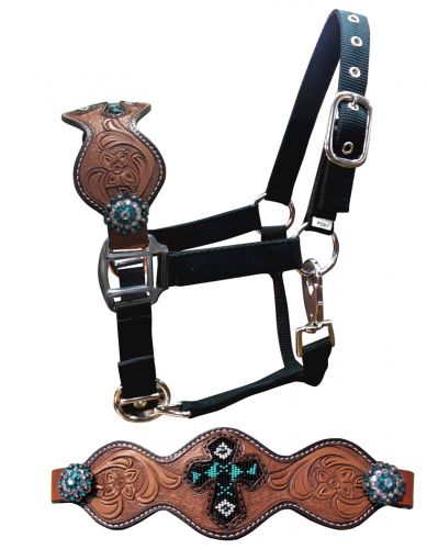 16613P: Showman ® Pony Size Beaded Cross inlay bronc halter Pony Halter Showman   