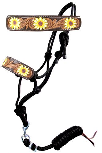 16654: Showman ® Hand Painted Sunflower rope halter with leather nose Rope Halter Showman   