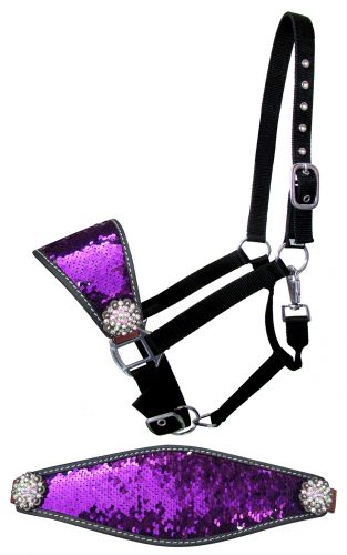 16662: Showman ® Nylon bronc halter with purple and silver sequins inlay Bronc Halter Showman   