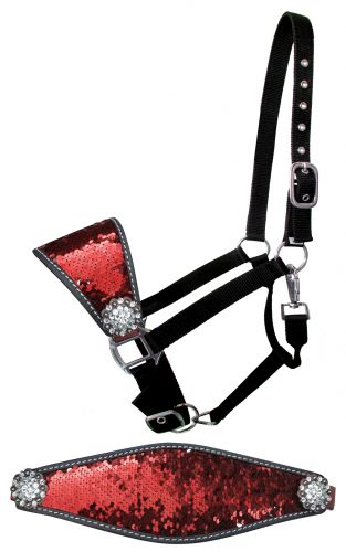 16664: Showman ® Nylon bronc halter with red and gold sequins inlay Bronc Halter Showman   