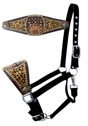 16747: Showman ® Nylon bronc halter with sunflower accent and cheetah hair on inlay Bronc Halter Showman   