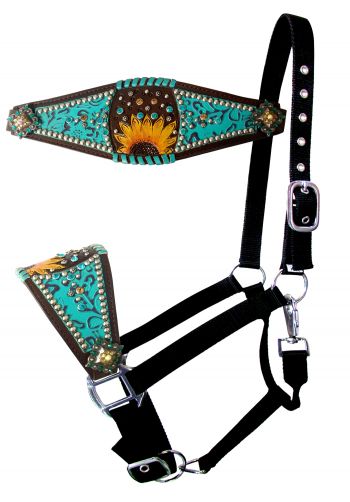 16748: Showman ® Nylon bronc halter with painted sunflower accent and teal print inlay Bronc Halter Showman   