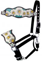 16756: Showman ®  Adjustable black nylon bronc halter with white painted poppy flower and teal inl Bronc Halter Showman   