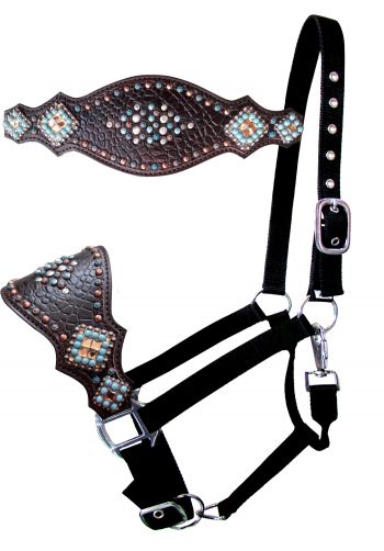 16761: Showman ® Nylon bronc halter with gator overlay and turquoise and copper bead accent Bronc Halter Showman   