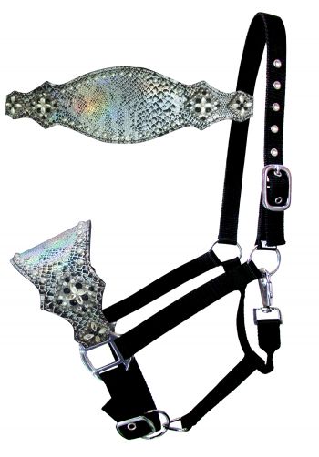 16765: Showman ® Nylon bronc halter with snakeskin overlay and silver bead accent Bronc Halter Showman   