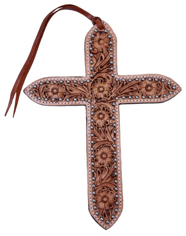 175117: Large floral tooled leather tie on cross accented with silver beads Primary Showman Saddles and Tack   