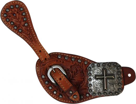 175306: Showman™ Ladies spur strap with oak leaf tooling with large square engraved concho with ra Spur Straps Showman   