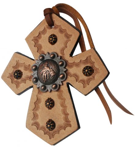 175547: Showman ® Leather Tie On Cross with Engraved Barrel Racer Concho Primary Showman   