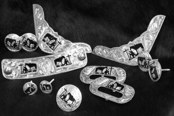 175658: 12 piece engraved praying cowboy silver trim kit Replacement Trim Kit Showman Saddles and Tack   