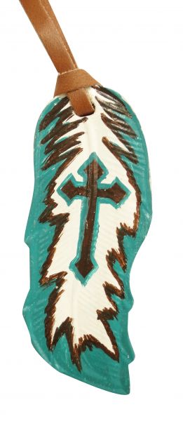 175792: 5" Teal and brown hand painted painted leather tie on feather with painted cross Primary Showman Saddles and Tack   