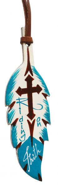 175832: 7" Teal and brown hand painted painted leather tie on feather with Ride on Faith" Primary Showman Saddles and Tack   