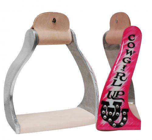 175955: Showman ® Lightweight twisted angled aluminum stirrups with painted " Cowgirl Up" design Stirrups Showman   