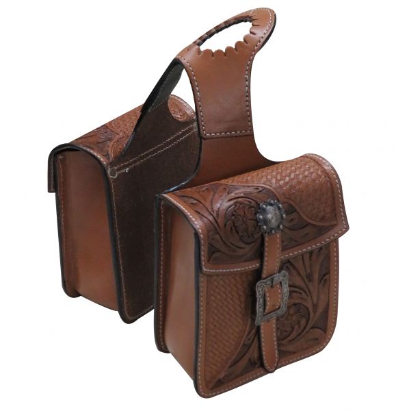 176333: Showman ® Tooled leather horn bag with floral and basket weave tooling Horn Saddle Bags Showman   