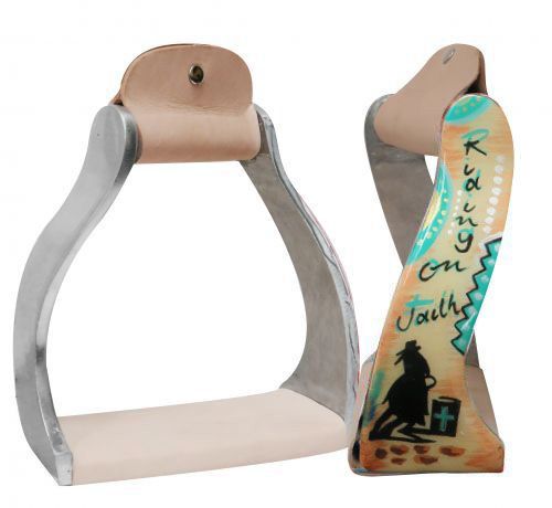 176351: Showman ® Lightweight twisted angled aluminum stirrups with painted " Riding on Faith " de Stirrups Showman   