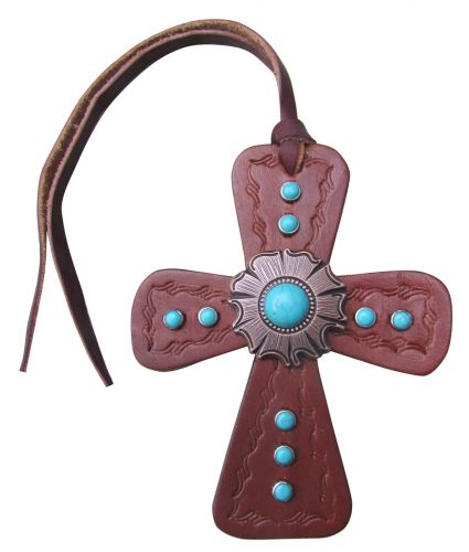 176655: Showman ® Leather Tie On Cross with Turquoise Stone Concho Primary Showman   