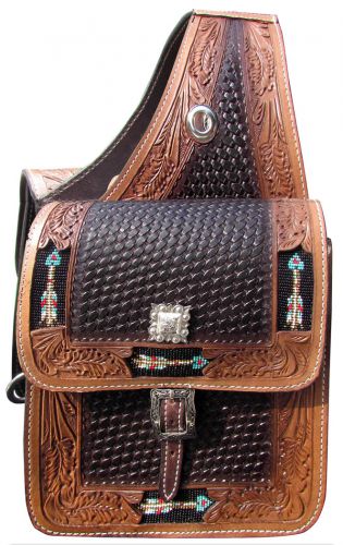 176779: Showman ® Basketweave and leaf tooled leather saddle bag Saddle Bag Showman   