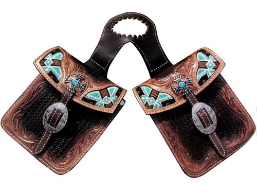 176822: Showman ® Basketweave tooled leather horn bag with beaded inlay Horn Saddle Bags Showman   