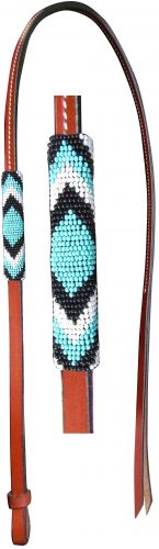 176919: Showman® 4ft Leather over & under whip with teal, black, and white beaded overlay Whip Showman   