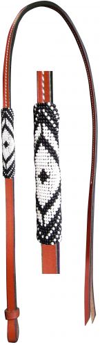 176921: Showman® 4ft Leather over & under whip with black and white beaded overlay Whip Showman   