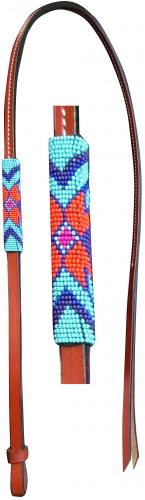 176922: Showman® 4ft Leather over & under whip with teal, purple, and orange beaded overlay Whip Showman   