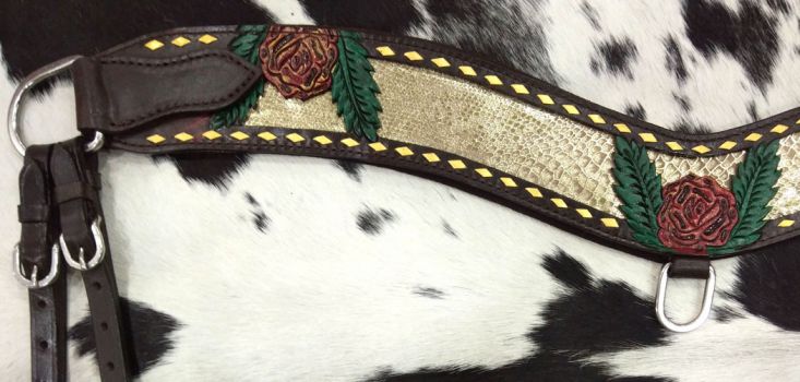 177248: Showman ® Hand Painted Rose tripping collar with gold snakeskin inlay Breast Collar Showman   