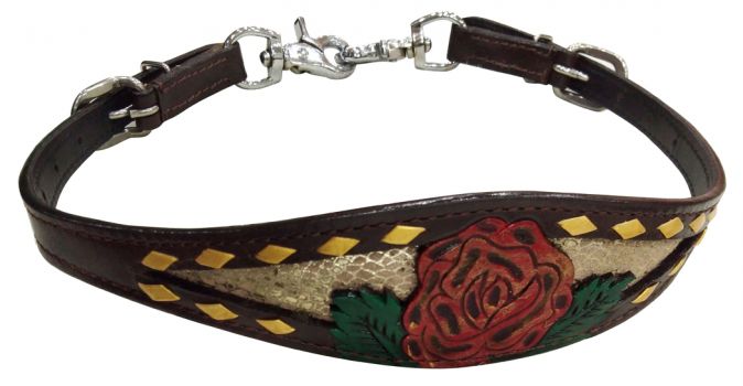 177256: Showman ® Leather wither strap with painted red rose design w/ gold snakeskin inlay Primary Showman   