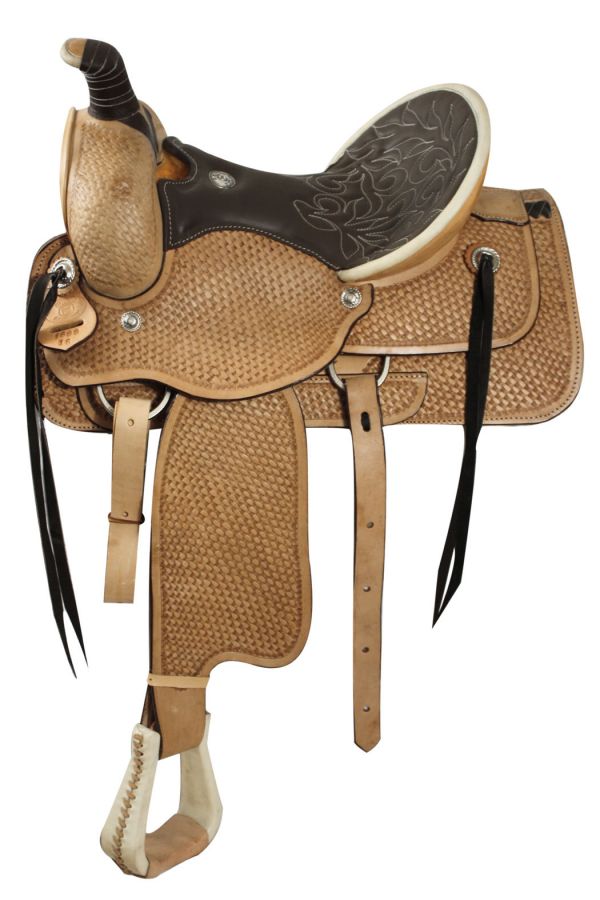 1899: Fully tooled basketweave tooling, Roping Style saddle WITH  a warranty for roping Primary Showman Saddles and Tack   
