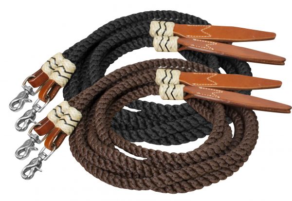19082: Showman ® 8ft rolled nylon split reins with leather poppers Reins Showman   