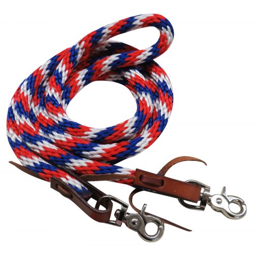 19196: Showman ® 96" Red, white and blue braided nylon barrel style reins with scissor snap ends Reins Showman   