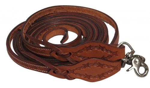 19240: Showman ® 5/8" x 8ft Argentina cow leather barbed wire tooled split reins with scissor snap Reins Showman   