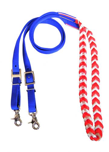 19322: Showman ® Premium braided Red, White, and Blue nylon contest reins Reins Showman   
