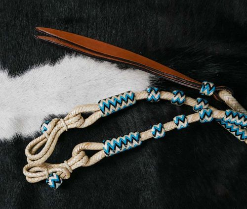 19404: Showman ® Braided Natural Rawhide Romal Reins with Leather Popper and Blue Rawhide Beads Reins Showman   