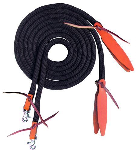 19565: Showman ® 8ft round braided nylon split reins with leather poppers Reins Showman   