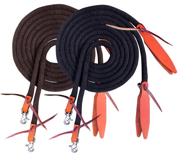 19565: Showman ® 8ft round braided nylon split reins with leather poppers Reins Showman   