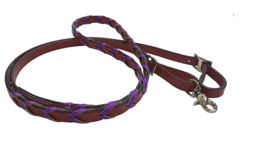 19622: Showman ® 8ft leather braided rein with colored lacing Reins Showman   