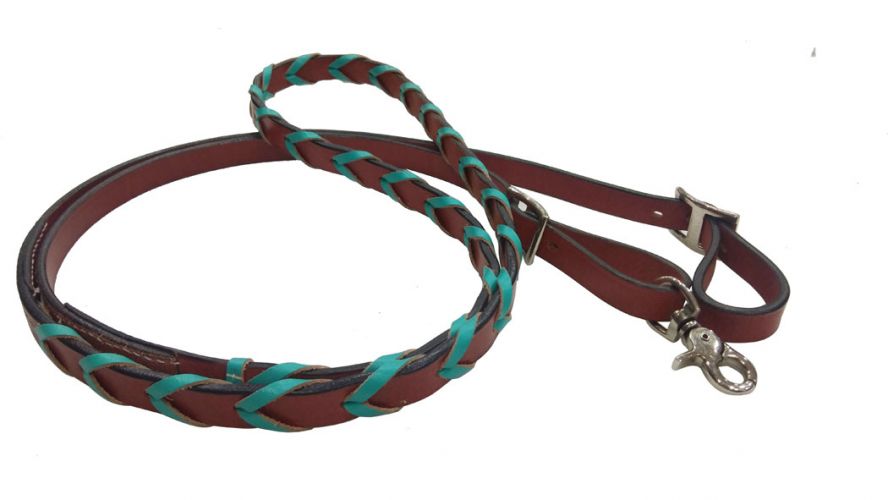 19622: Showman ® 8ft leather braided rein with colored lacing Reins Showman   