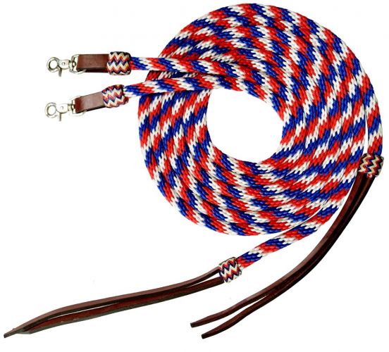 19632: Showman ® 8ft Red, White, and Blue round braided nylon split reins with leather poppers Reins Showman   
