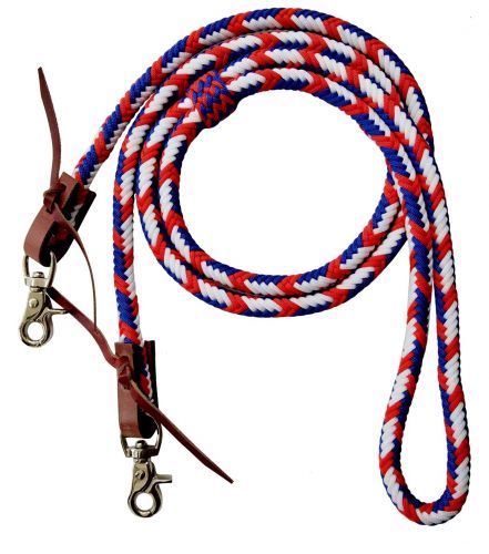 19635: Showman ® 8ft Red, White, and Blue braided nylon barrel reins with scissor snap ends Reins Showman   