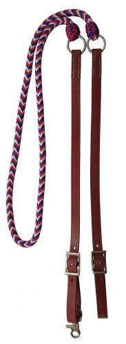 19636: Showman ® Braided Red, White, and Blue nylon and leather contest reins Reins Showman   
