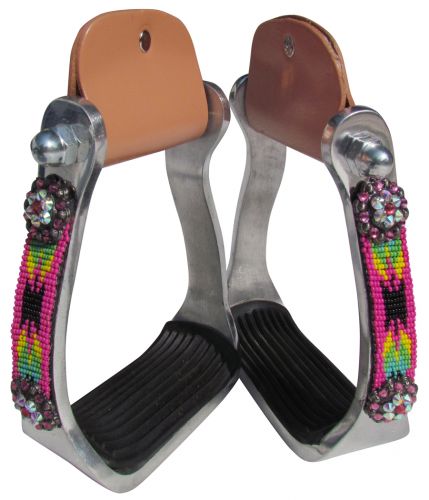 20190: Showman ® Polished aluminum stirrup with hot pink and black navajo beaded overlay Stirrups Showman   