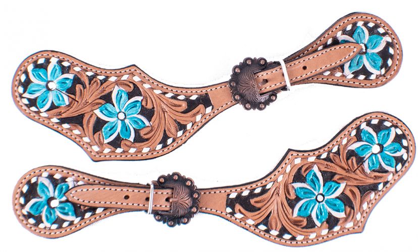 202063: Showman ® Ladies Hand painted turquoise flower spur straps with copper hardware Spur Straps Showman   